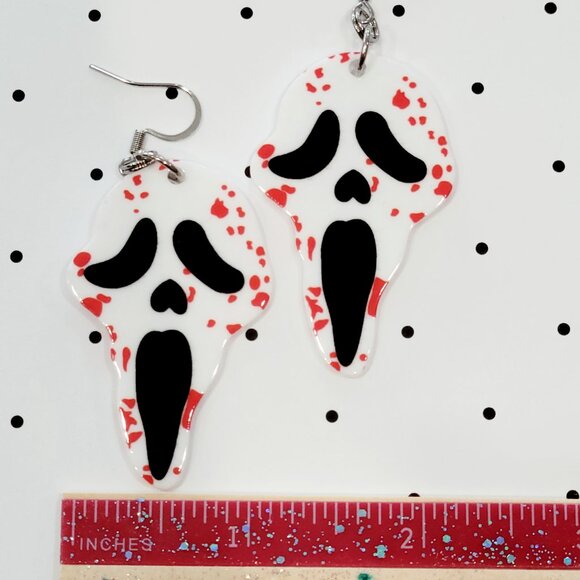 White Bloody Ghostface Mask Scary Movie Earrings Stainless Steel Hooks Horror - Picture 4 of 4